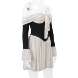 White Off Shoulder Long Sleeve Mesh Pleated Sexy Club Mini Dress