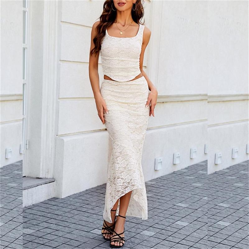 Beige Straps Lace Hollow Out Crop Top with Bodycon Sexy Maxi Dress