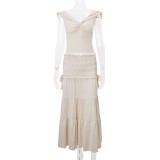 Beige Low Cut Sexy Tank Top Ruffles Pleated Long Skirt Dress Sets