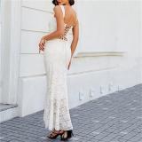 Beige Straps Lace Hollow Out Crop Top with Bodycon Sexy Maxi Dress