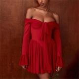 Red Off Shoulder Long Sleeve Mesh Pleated Sexy Club Mini Dress