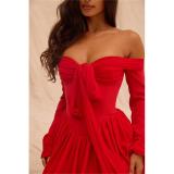 Red Off Shoulder Long Sleeve Mesh Pleated Sexy Club Mini Dress