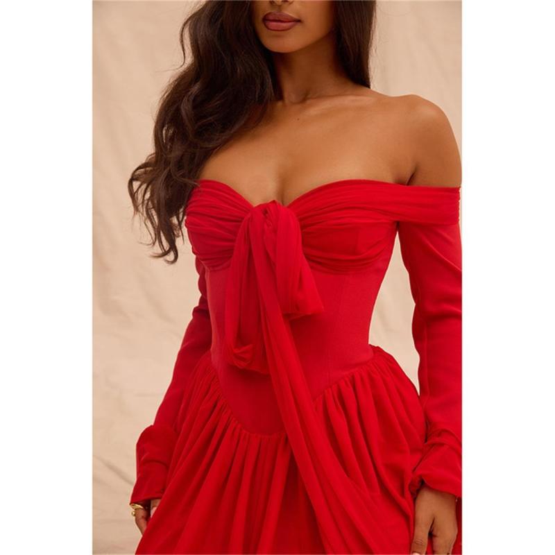 Red Off Shoulder Long Sleeve Mesh Pleated Sexy Club Mini Dress