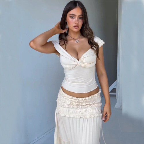 Beige Low Cut Sexy Tank Top Ruffles Pleated Long Skirt Dress Sets