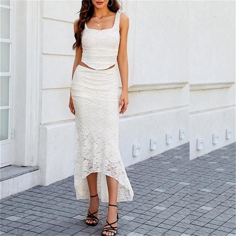 Beige Straps Lace Hollow Out Crop Top with Bodycon Sexy Maxi Dress