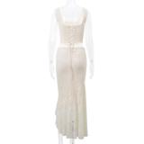 Beige Straps Lace Hollow Out Crop Top with Bodycon Sexy Maxi Dress