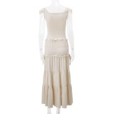 Beige Low Cut Sexy Tank Top Ruffles Pleated Long Skirt Dress Sets