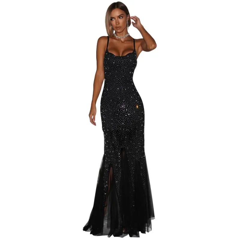 Black Straps Low Cut Diamonds Mesh Pleated Elegant Formal Maxi Dress