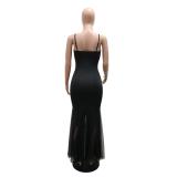 Black Straps Low Cut Diamonds Mesh Pleated Elegant Formal Maxi Dress