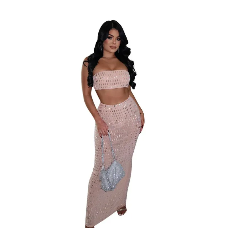 Beige Off Shoulder Sexy Crop Tops Diamonds Mesh Bodycon Maxi Dress