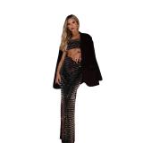 Black Off Shoulder Sexy Crop Tops Diamonds Mesh Bodycon Maxi Dress
