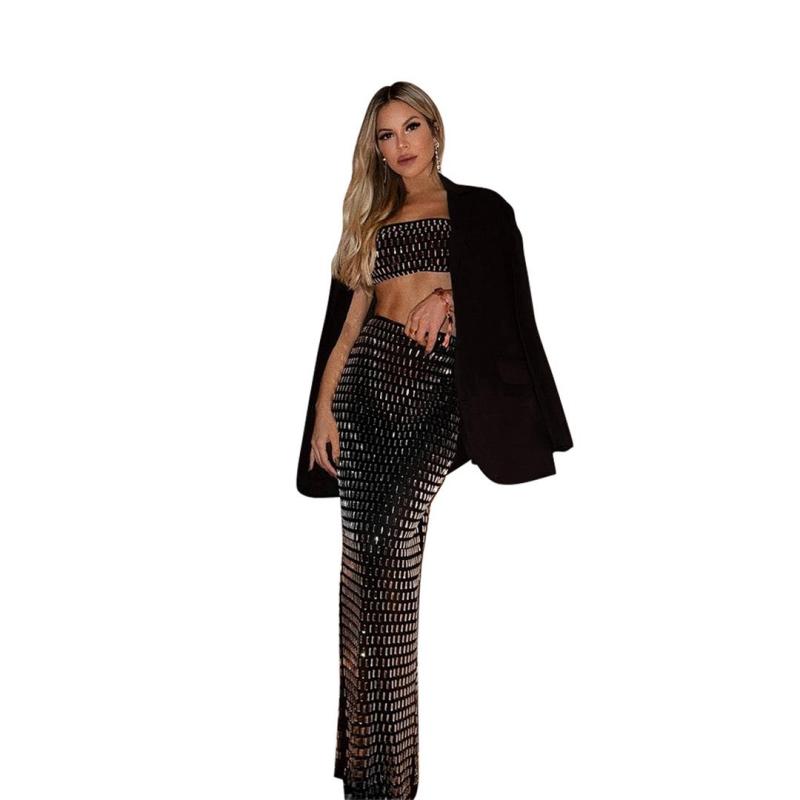 Black Off Shoulder Sexy Crop Tops Diamonds Mesh Bodycon Maxi Dress