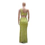 Green Off Shoulder Sequins Crop Top Mesh Bodycon Pleated Evening Maxi Dress