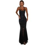 Black Straps Low Cut Diamonds Mesh Pleated Elegant Formal Maxi Dress