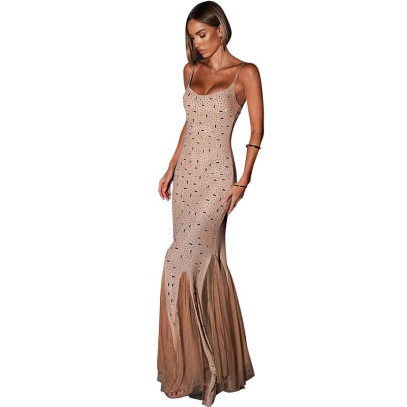 Beige Straps Low Cut Diamonds Mesh Pleated Elegant Formal Maxi Dress