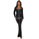 Black Mesh Long Sleeve Rhinestones Low Cut Sexy Bodycon Formal Long Dress