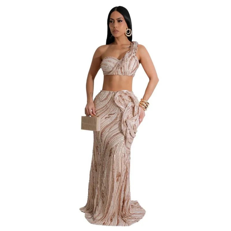 Gold Off Shoulder Sequins Crop Top Mesh Bodycon Pleated Evening Maxi Dress