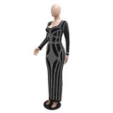 Black Mesh Long Sleeve Rhinestones Low Cut Sexy Bodycon Formal Long Dress