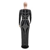 Black Mesh Long Sleeve Rhinestones Low Cut Sexy Bodycon Formal Long Dress