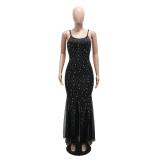 Black Straps Low Cut Diamonds Mesh Pleated Elegant Formal Maxi Dress