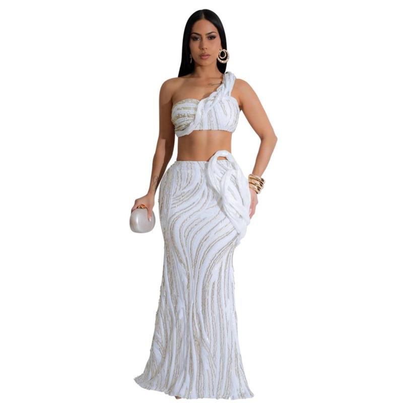 White Off Shoulder Sequins Crop Top Mesh Bodycon Pleated Evening Maxi Dress