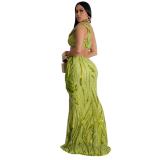 Green Off Shoulder Sequins Crop Top Mesh Bodycon Pleated Evening Maxi Dress