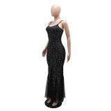 Black Straps Low Cut Diamonds Mesh Pleated Elegant Formal Maxi Dress