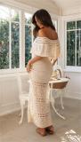 Beige Off Shoulder Knit Shawl Top Pleated Hollow Out Evening Sexy Maxi Dress