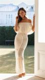 Beige Off Shoulder Knit Shawl Top Pleated Hollow Out Evening Sexy Maxi Dress