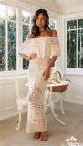Beige Off Shoulder Knit Shawl Top Pleated Hollow Out Evening Sexy Maxi Dress