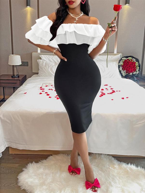 White Pleated Mesh Off Shoulder Ruffles Bodycon Women Midi Dress