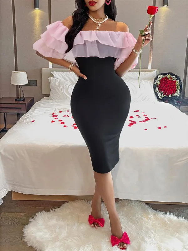 Pink Pleated Mesh Off Shoulder Ruffles Bodycon Women Midi Dress