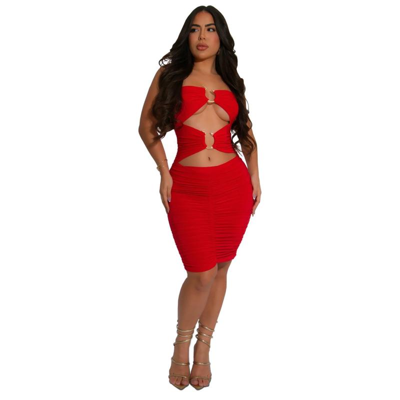 Red Off Shoulder Hollow Out Pleated Sexy Party Club Dress