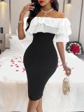 White Pleated Mesh Off Shoulder Ruffles Bodycon Women Midi Dress