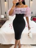 Pink Pleated Mesh Off Shoulder Ruffles Bodycon Women Midi Dress