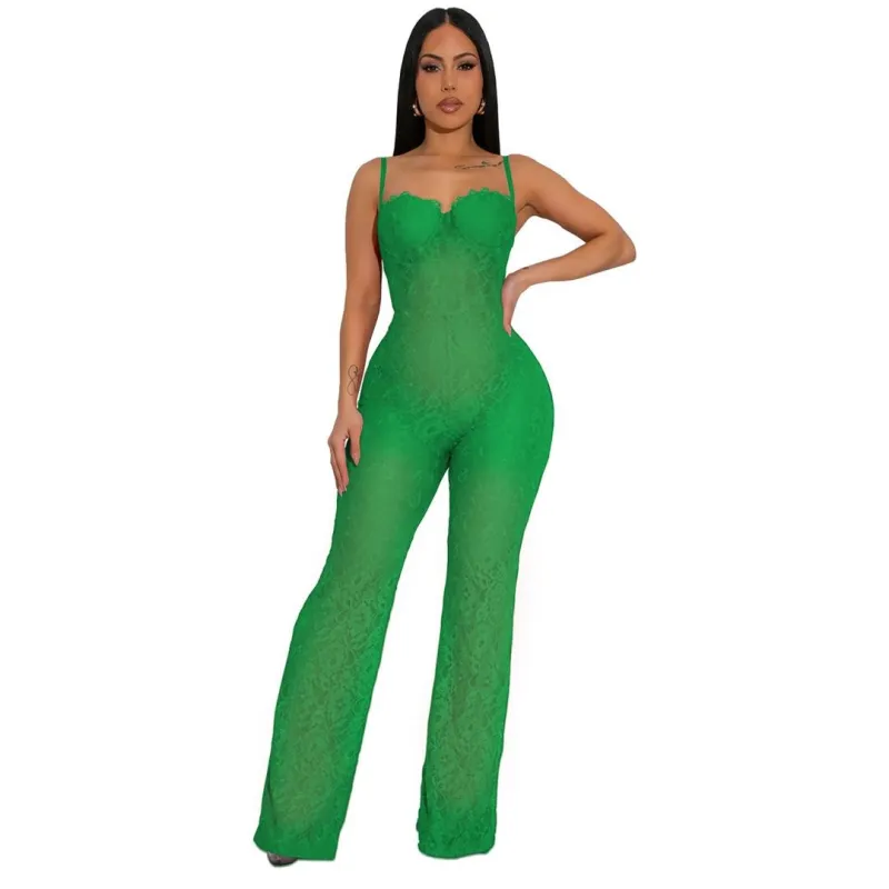 Black Straps Low Cut Lace Hollow Out Party Women Bodycon Sexy Jumpsuit 001