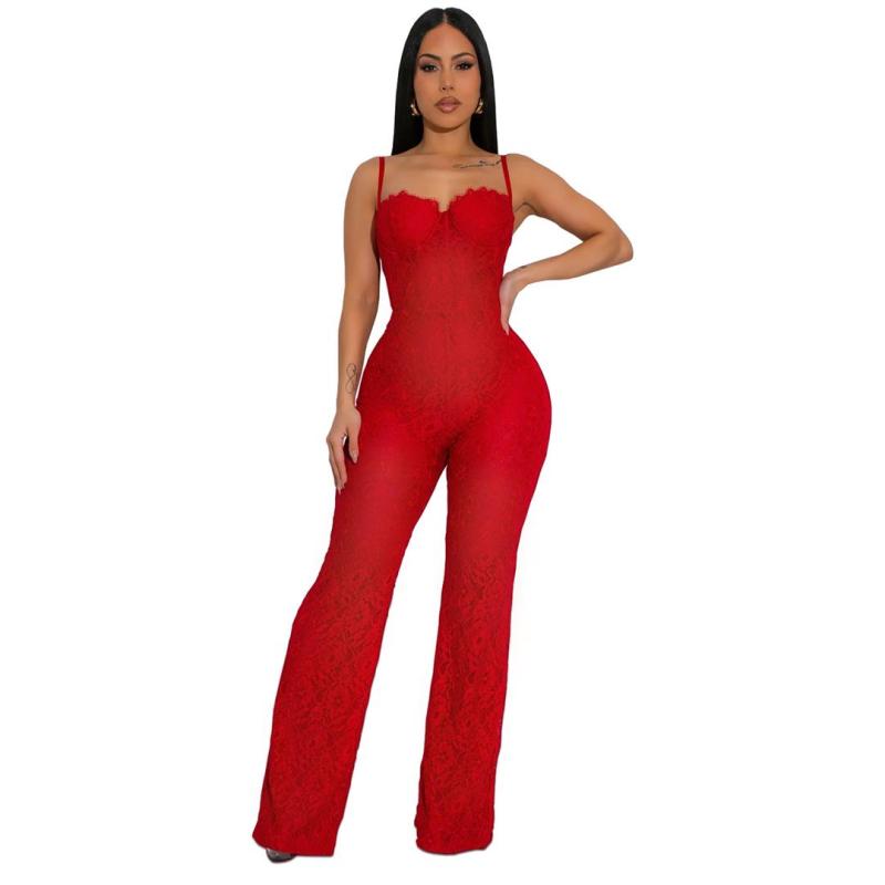 Black Straps Low Cut Lace Hollow Out Party Women Bodycon Sexy Jumpsuit 003