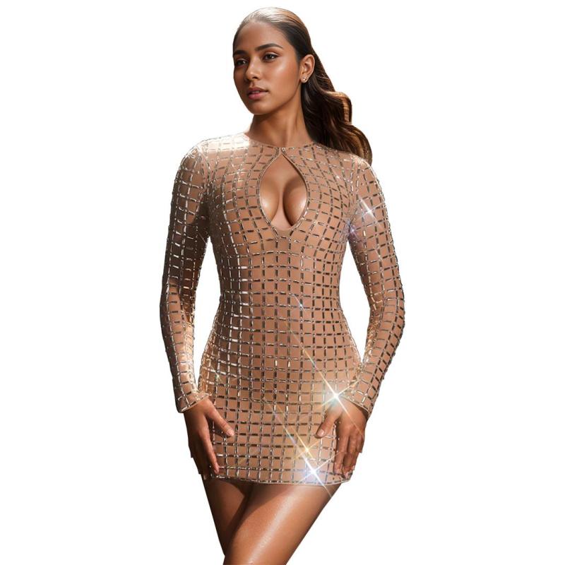 Beige Long Sleeve Elegant Diamonds Women's Bodycon Club Dress