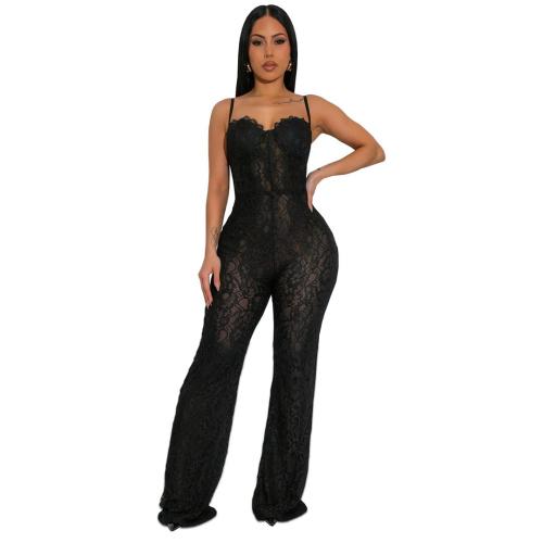Black Straps Low Cut Lace Hollow Out Party Women Bodycon Sexy Jumpsuit 002