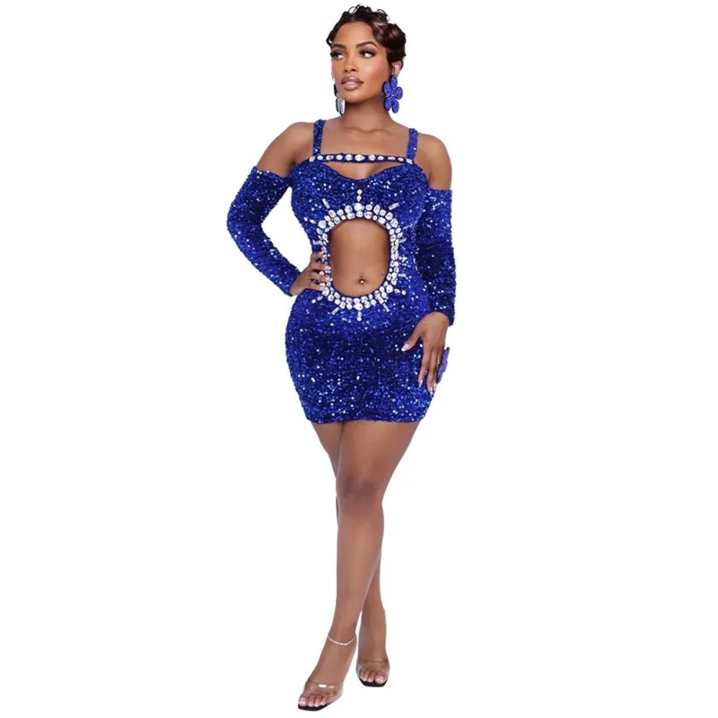Blue Sequined Long Sleeve Halter Deep V Neck Diamonds Sexy Club Dress