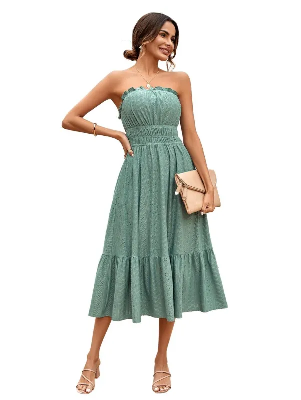 Green Off Shoulder Hollow Out Pleated Fashion Summer Midi Dress