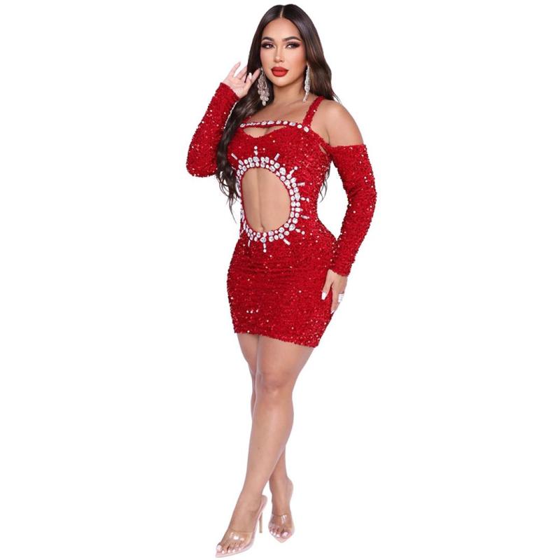 Red Sequined Long Sleeve Halter Deep V Neck Diamonds Sexy Club Dress
