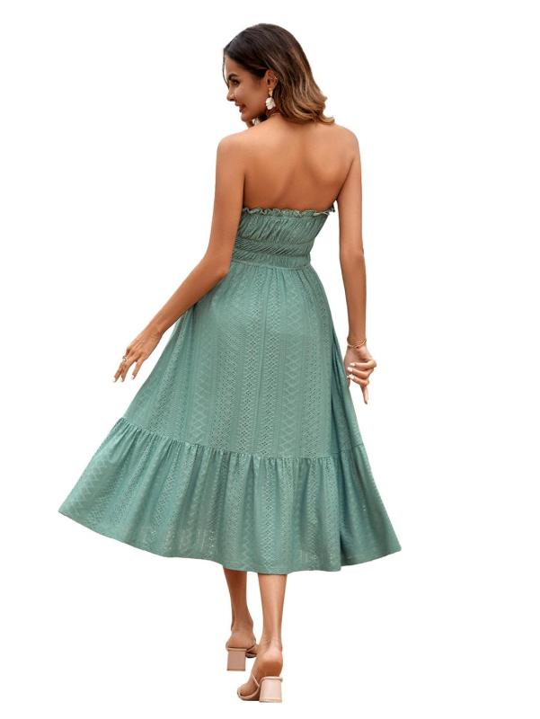 Green Off Shoulder Hollow Out Pleated Fashion Summer Midi Dress