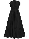 Black Off Shoulder Hollow Out Pleated Fashion Summer Midi Dress