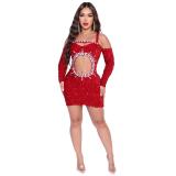 Red Sequined Long Sleeve Halter Deep V Neck Diamonds Sexy Club Dress
