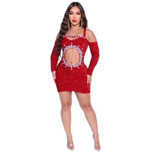 Red Sequined Long Sleeve Halter Deep V Neck Diamonds Sexy Club Dress