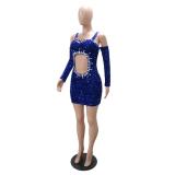 Blue Sequined Long Sleeve Halter Deep V Neck Diamonds Sexy Club Dress