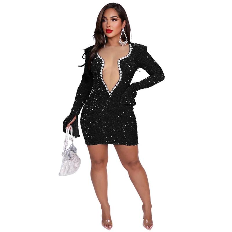 Black Sequined Long Sleeve Mesh Deep V Neck Diamonds Sexy Party Dress