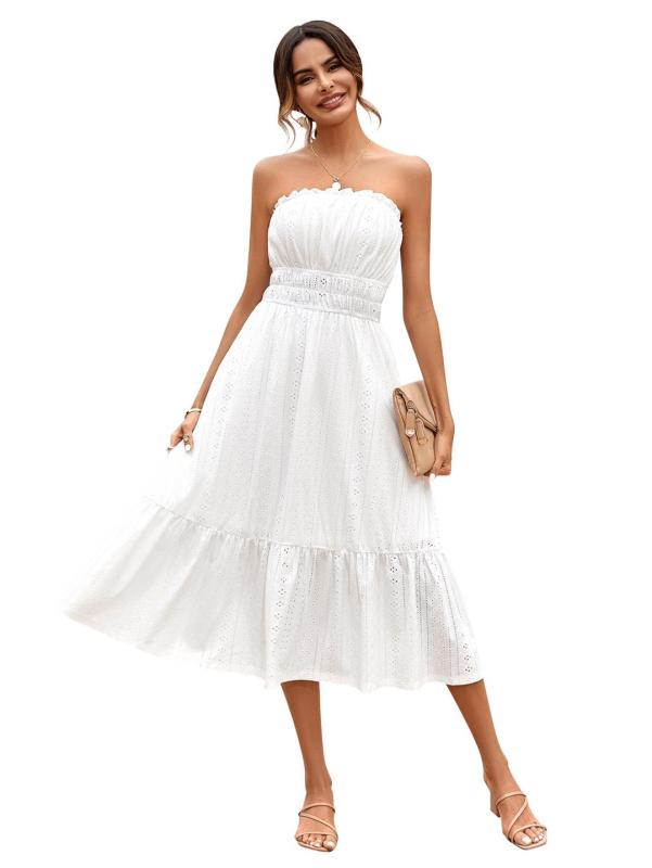 White Off Shoulder Hollow Out Pleated Fashion Summer Midi Dress