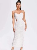White Straps Low Cut Sequins Peals Beaded Cut Out Bodycon Evening Midi Dress